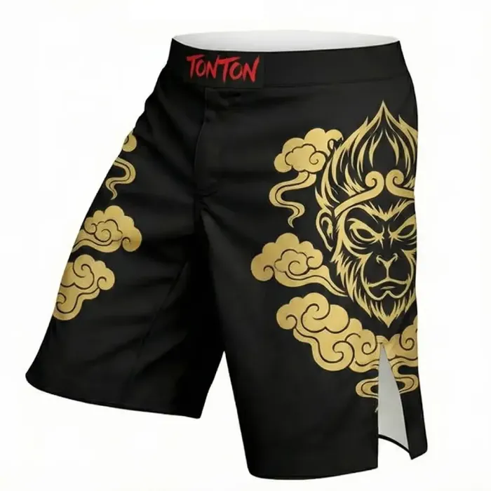 tonton black custom MMA shorts left view with gold Monkey King graphic fightwear