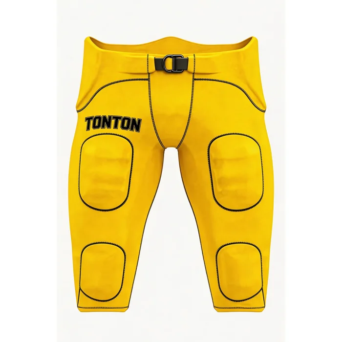 Front view of tonton yellow American football integrated pants with built-in knee and thigh pads.