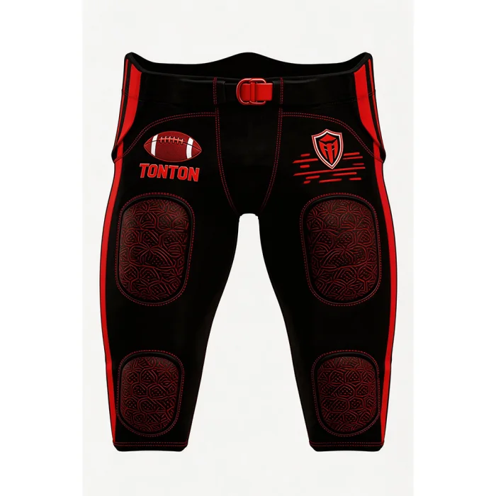 Front view of tonton black and red American football pants featuring professional team logos and integrated padding.