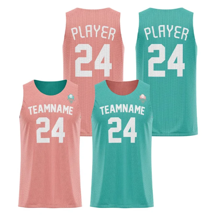 Front view and back view of tonton reversible basketball jersey in coral and teal, featuring perforated mesh texture and unique horizontal geometric lines.