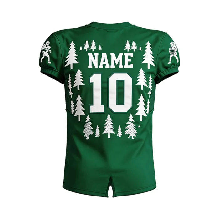 Back view of tonton custom green football jersey with player name, number 10, and pine tree forest graphics.