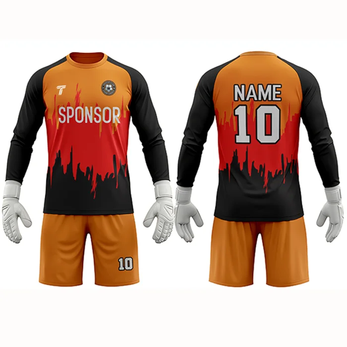 Front view of tonton orange and black goalkeeper kit featuring a jagged flame-inspired graphic.