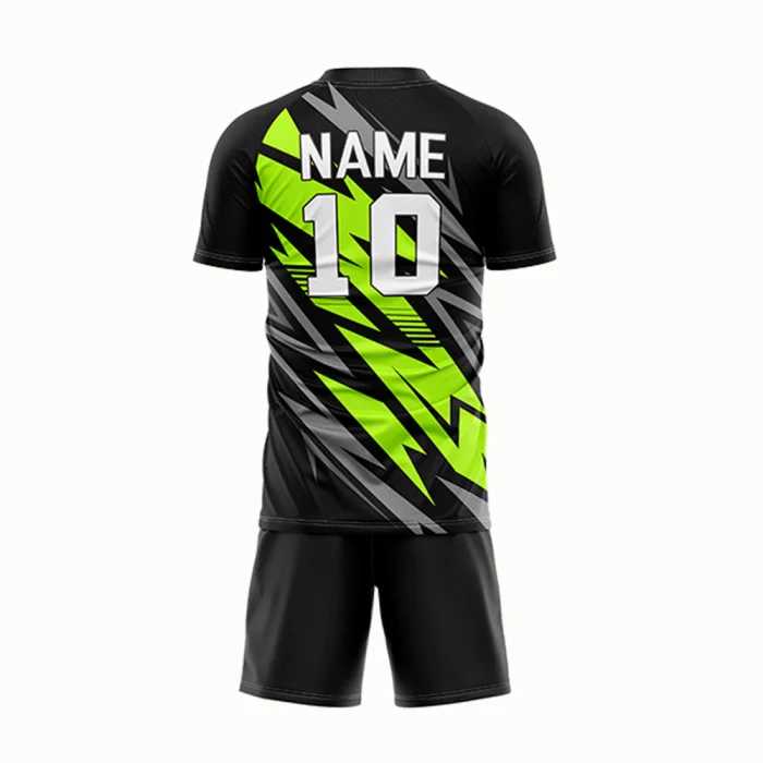Back view of tonton black custom football kit with neon green patterns, player name, and number 10.