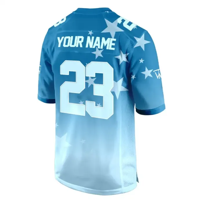 Back view of tonton blue gradient football fan shirt featuring "YOUR NAME", number 23, and star graphics.