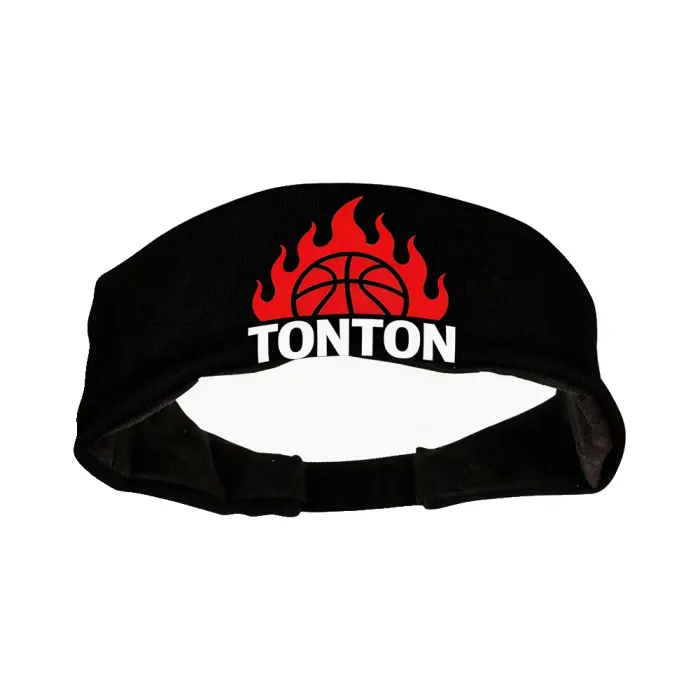 tonton black basketball headband featuring a dynamic red flaming basketball graphic and white brand logo.