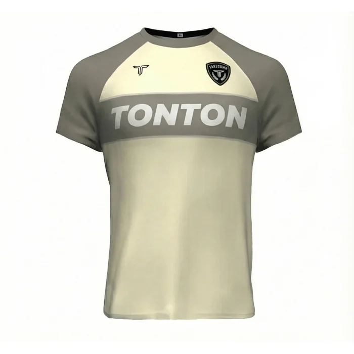 tonton beige and grey minimalist custom boxing jersey front view with brand text fightwear