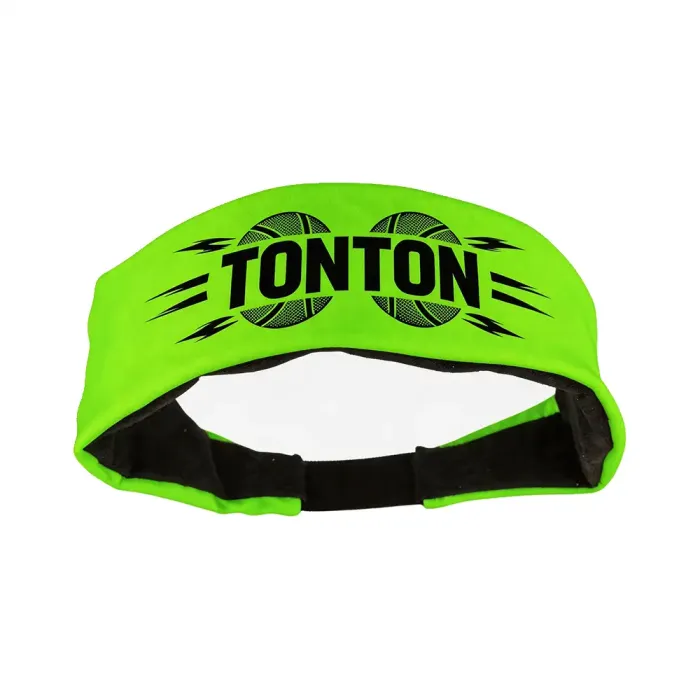 tonton vibrant lime green basketball headband featuring a black tonton logo with dynamic horizontal speed line accents.