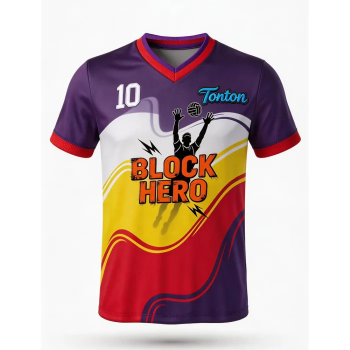 Front view of tonton purple and yellow sublimated volleyball top with "BLOCK HERO" design.