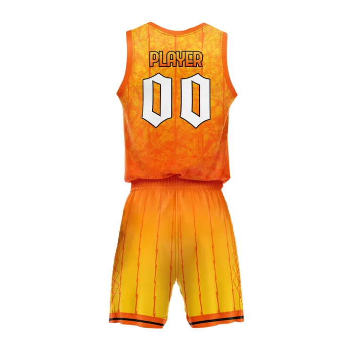 Back view of tonton custom orange basketball game set with vertical stripe detailing, player name, and number 00.