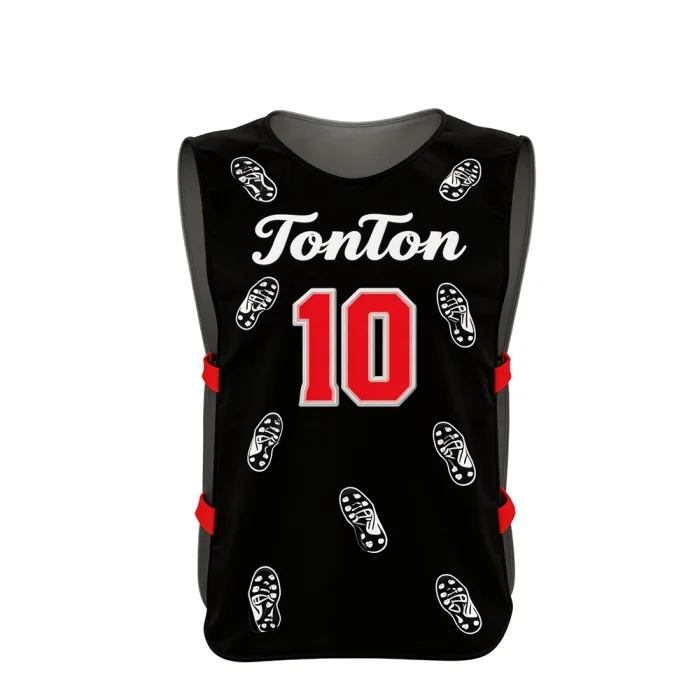 Front view of tonton black soccer training gear with white cleats pattern and red number 10.