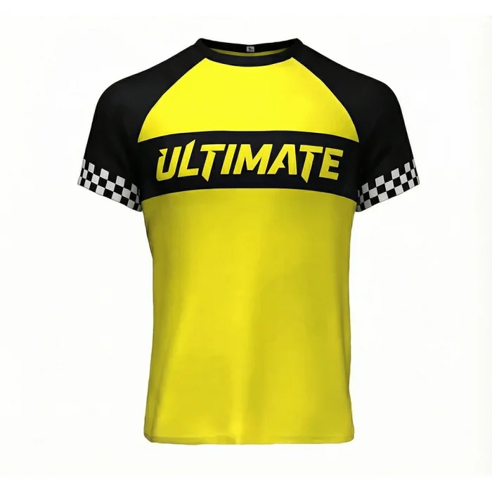 tonton bright yellow and black custom boxing jersey front view with Ultimate text and checkered details