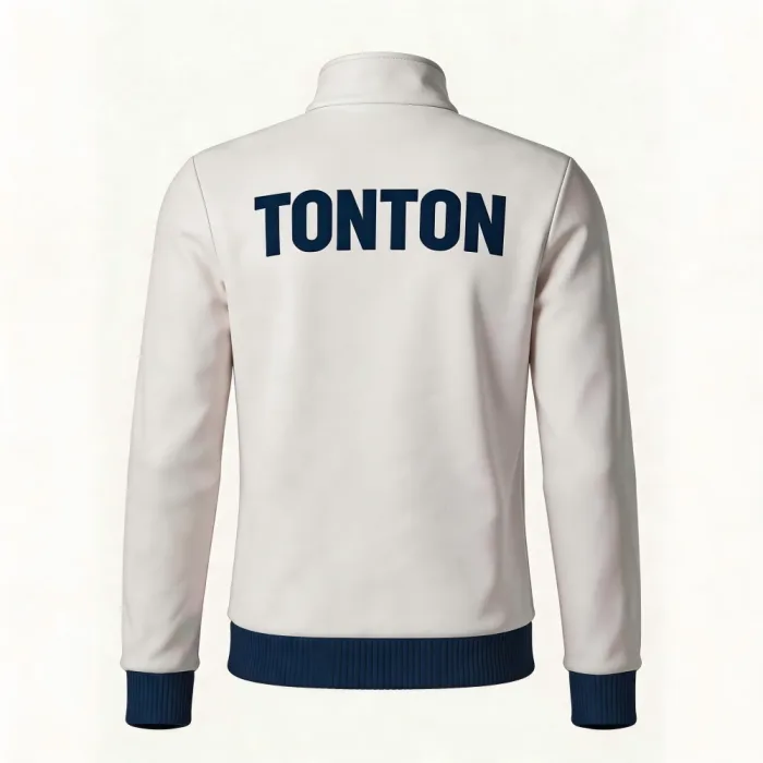 Back view of tonton custom white and navy soccer team jacket with professional athletic fit.