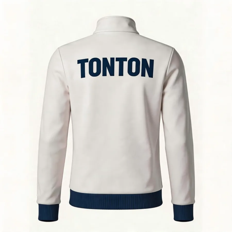 Back view of tonton custom white and navy soccer team jacket with professional athletic fit.